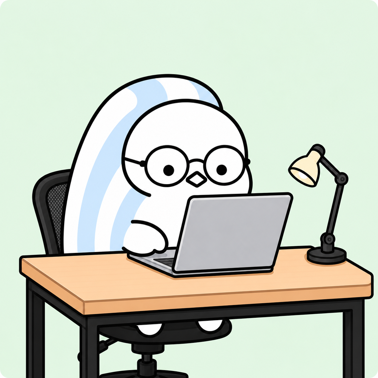 眼鏡をかけてパソコンに向かう、izuのキャラクター
